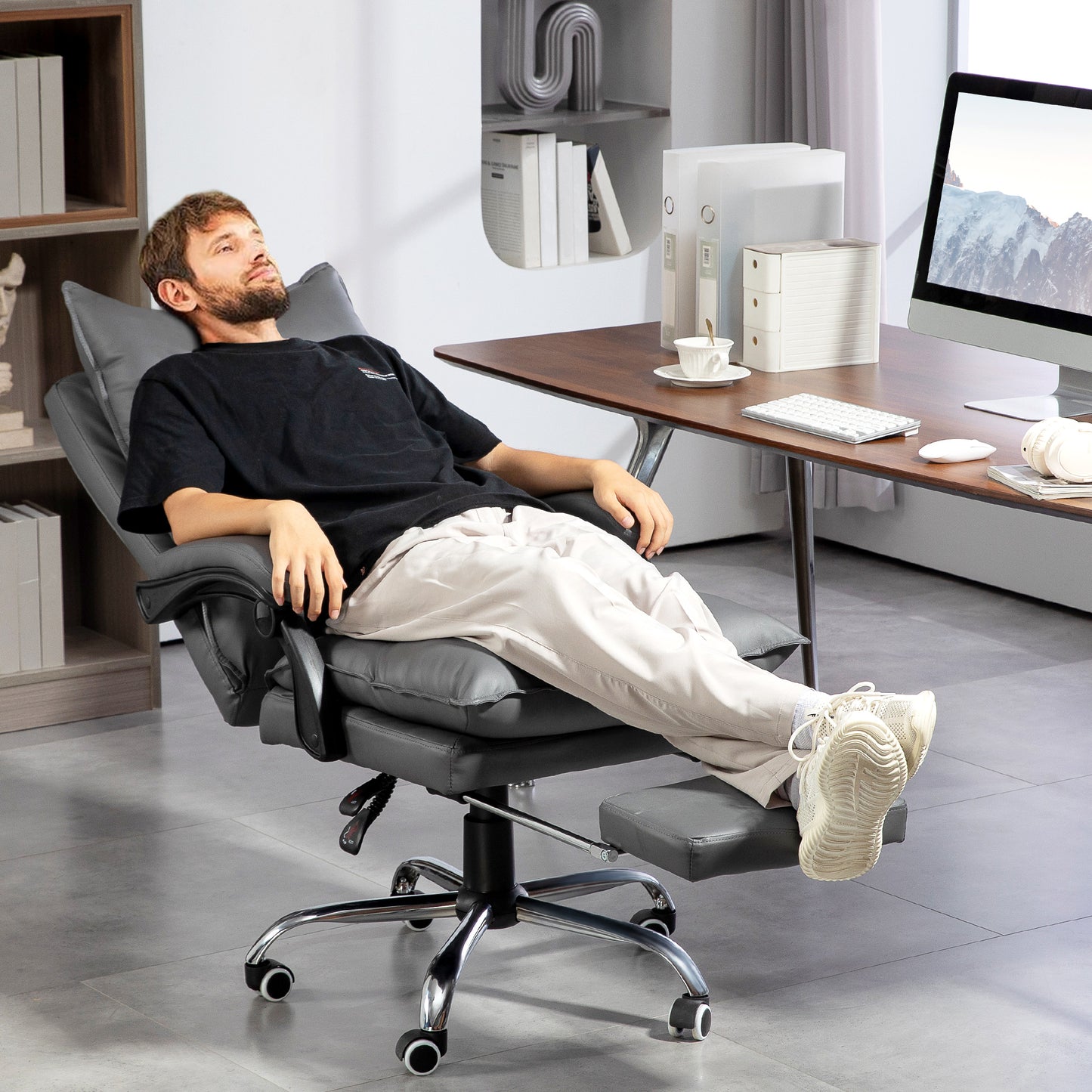 Vinsetto Ergonomischer Bürostuhl, verstellbare Sitzhöhe, neigbare Rückenlehne, Kunstleder, Dunkelgrau