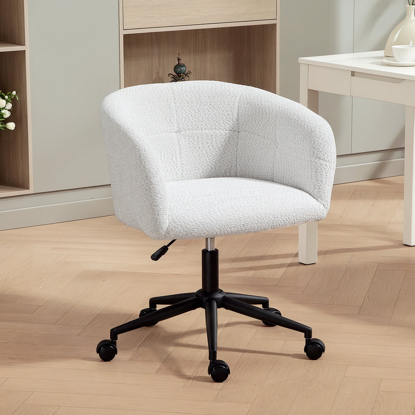 HOMCOM Gepolsterter Bürostuhl mit Plüschbezug, Wannen-Design, rollbarer Schreibtischstuhl, Stahlbasis, Creme+Schwarz
