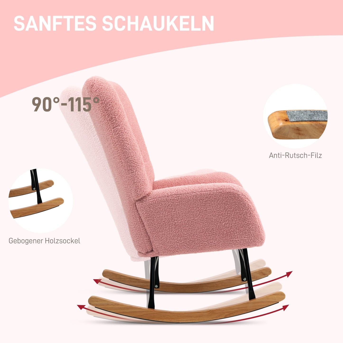HOMCOM Schaukelstuhl, kuscheliger Bezug, dicke Polsterung, rutschfest, Rosa