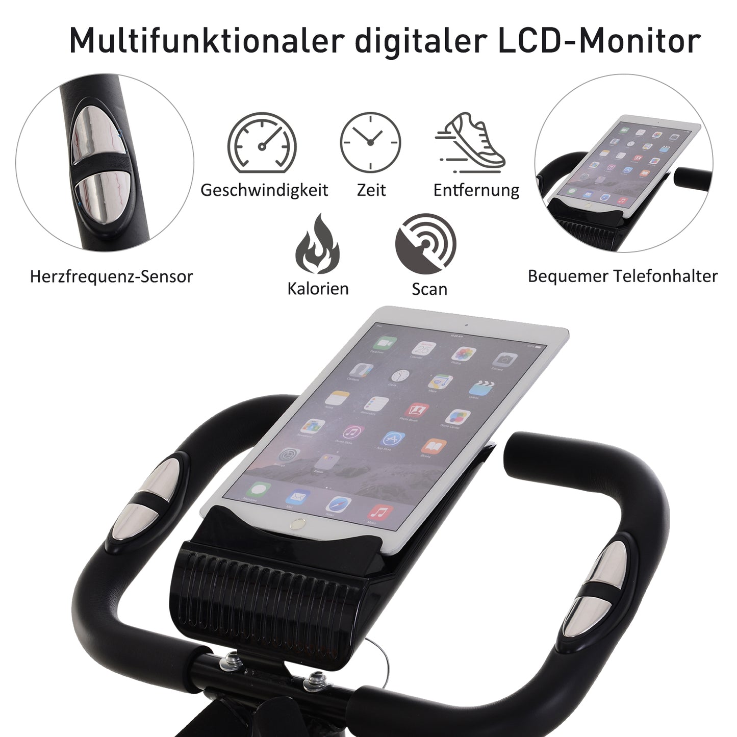 HOMCOM Heimtrainer X-Bike 2-in-1 Fahrradtrainer mit LCD-Display,Pulsmesser, klappbarer Hometrainer Trimmrad mit 8 stufig Magnetwiderstand, 1 Paar Spannseil, Stahl Schwarz 105x48x118 cm