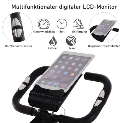 HOMCOM Heimtrainer X-Bike 2-in-1 Fahrradtrainer mit LCD-Display,Pulsmesser, klappbarer Hometrainer Trimmrad mit 8 stufig Magnetwiderstand, 1 Paar Spannseil, Stahl Schwarz 105x48x118 cm