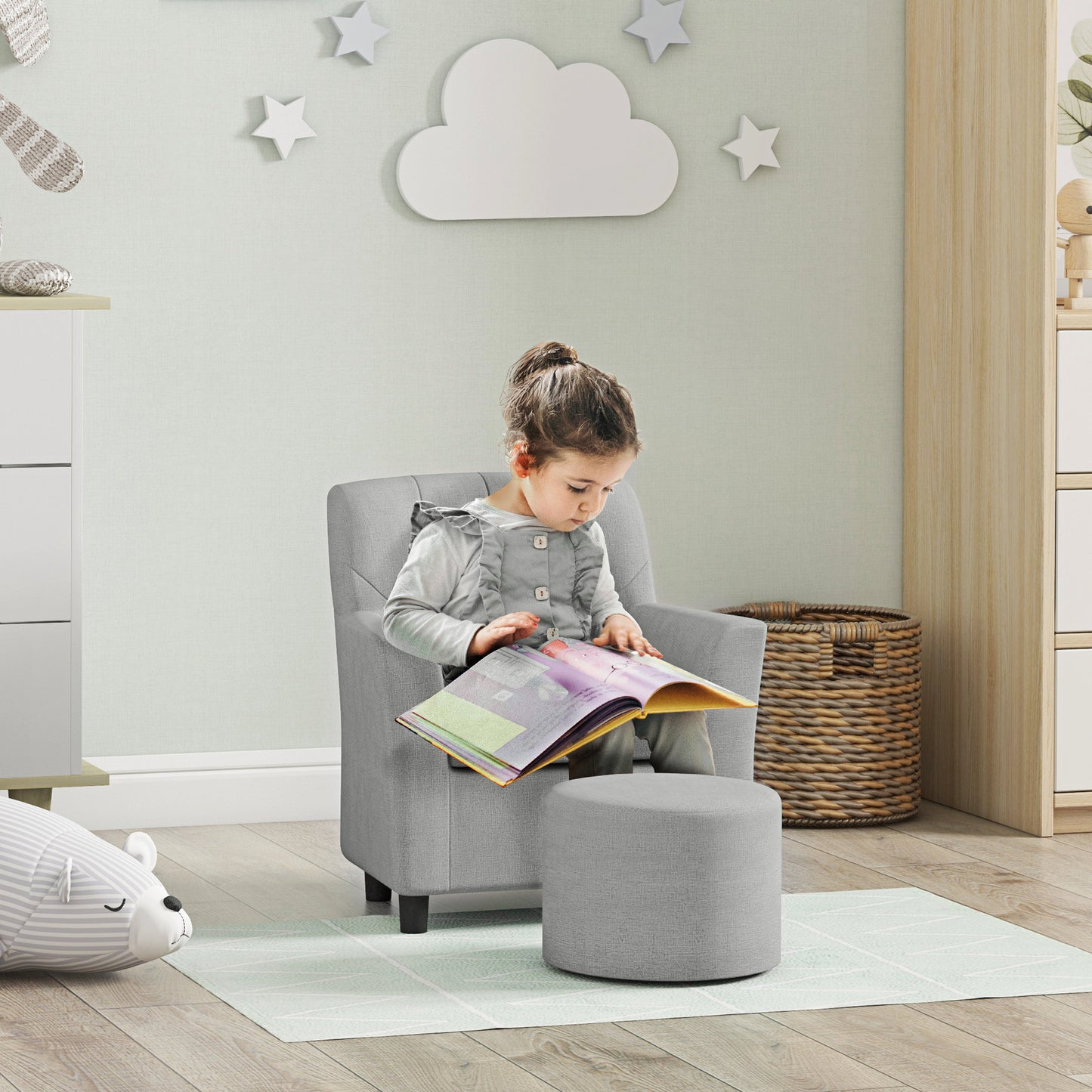 AIYAPLAY Kindersessel mit Hocker, Rückenlehne Diamantmuster, weiche Sitzfläche, Holzrahmen, Grau