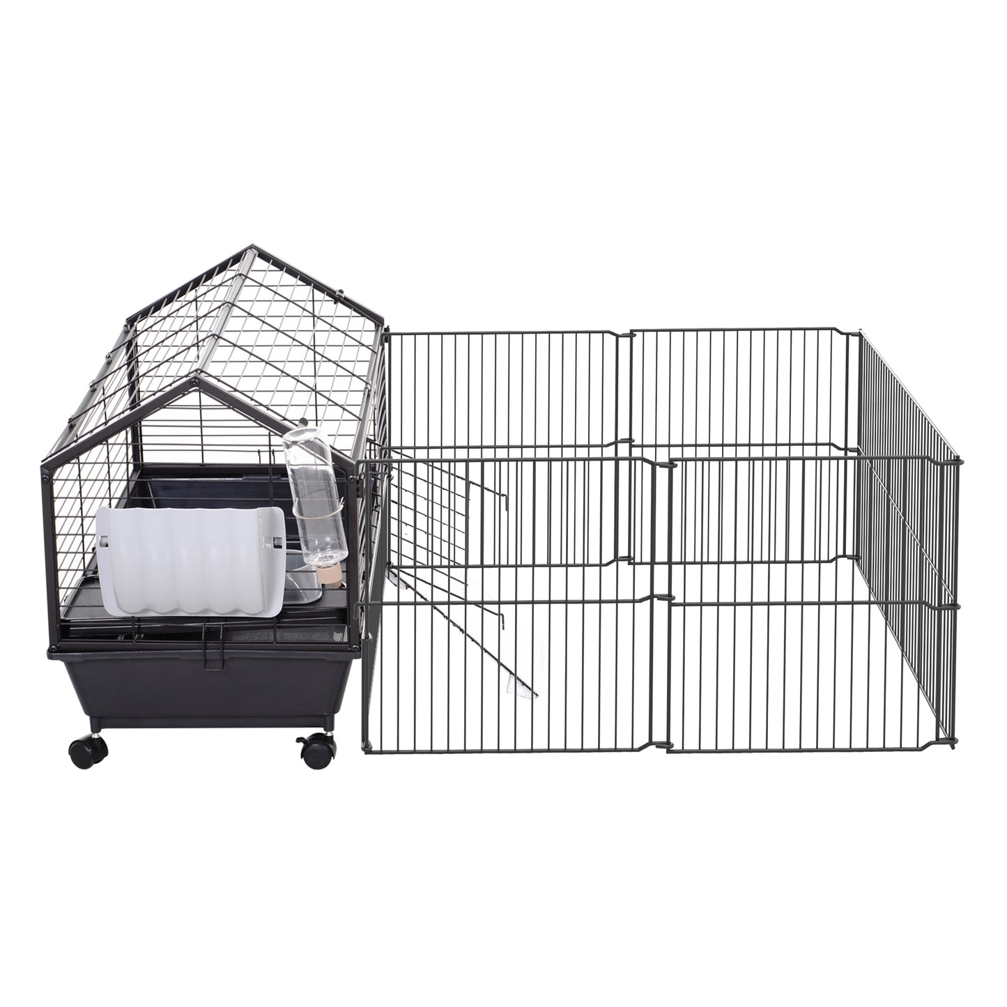 Pawhut Kleintierkäfig mit Freigehege inkl. Zubehör 88 cm x 128,5 cm x 56 cm 4 Rollen Schwarz Metall Polypropylen