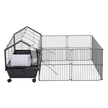 Pawhut Kleintierkäfig mit Freigehege inkl. Zubehör 88 cm x 128,5 cm x 56 cm 4 Rollen Schwarz Metall Polypropylen