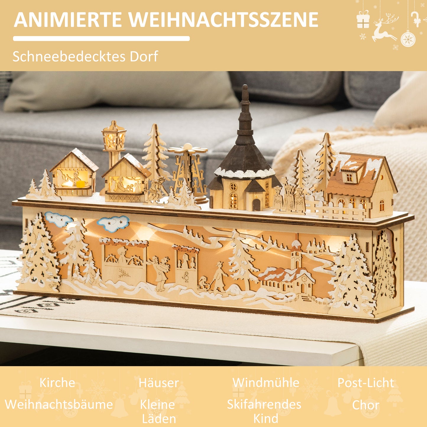 HOMCOM Weihnachtsdekoration، Weihnachtsdorf، 10 مصابيح LED، ضوء دافئ، 45 × 10 × 25 سم، Holzdekor