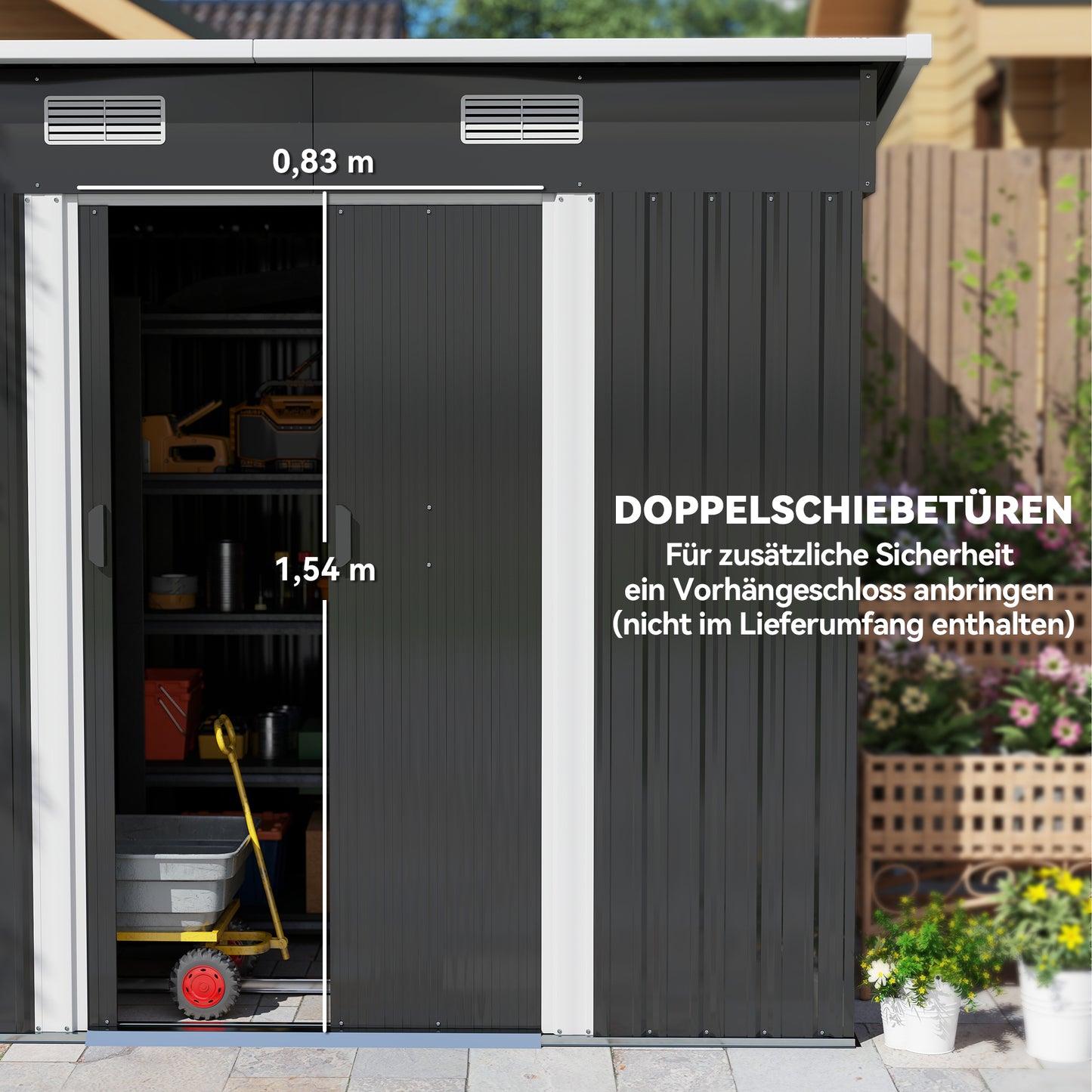 Outsunny Gerätehaus Metall 2,3 m² 207 x 130 x 182 cm Geräteschuppen mit Pultdach Fenster Bodenrahmen Schwarz