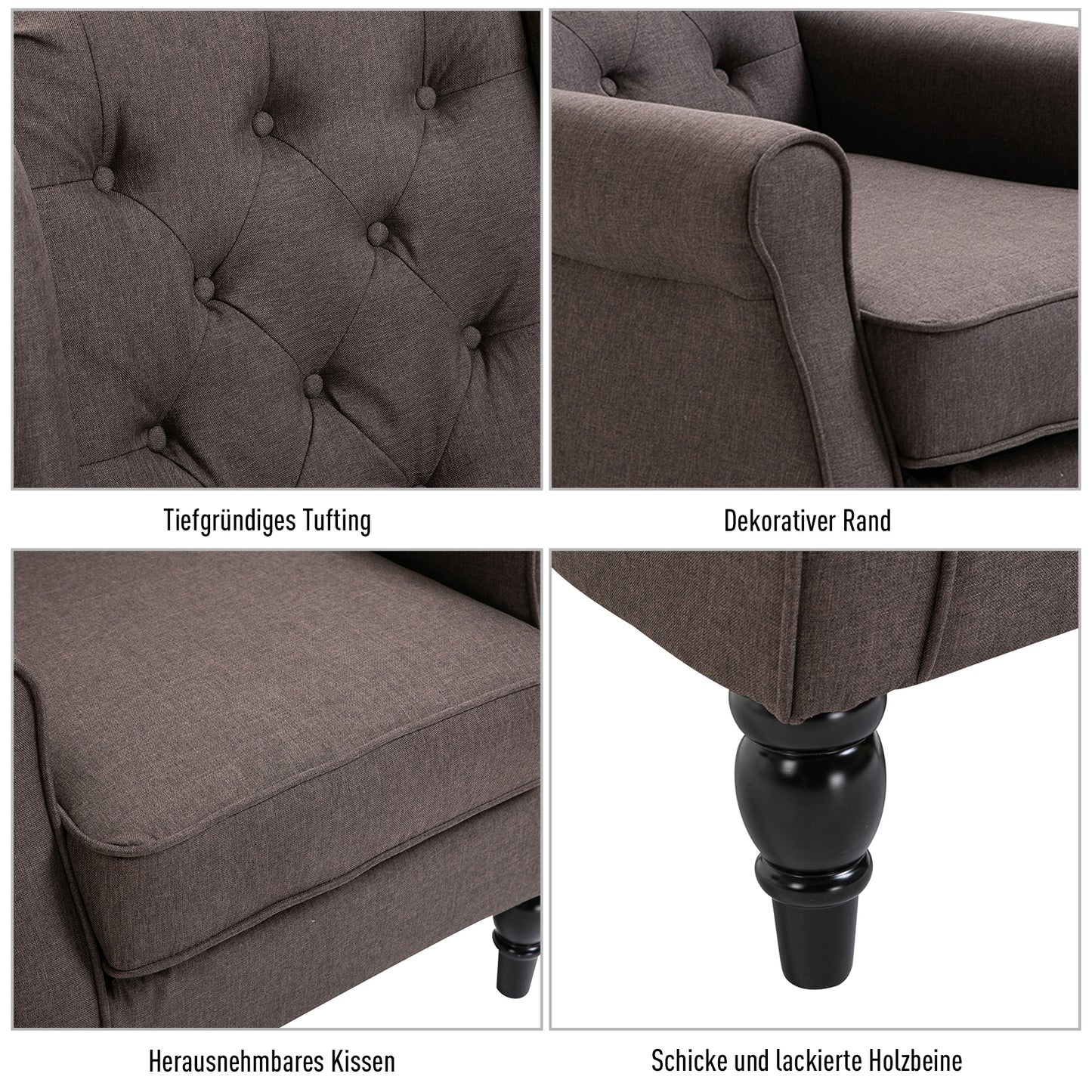 HOMCOM Ohrensessel Sessel mit Tufting, hoher Rückenlehne, Gepolstert Loungesessel mit abgerundeten Armlehnen, Holzbeine, für Schlafzimmer, Wohnzimmer, bis 160 kg, Braun