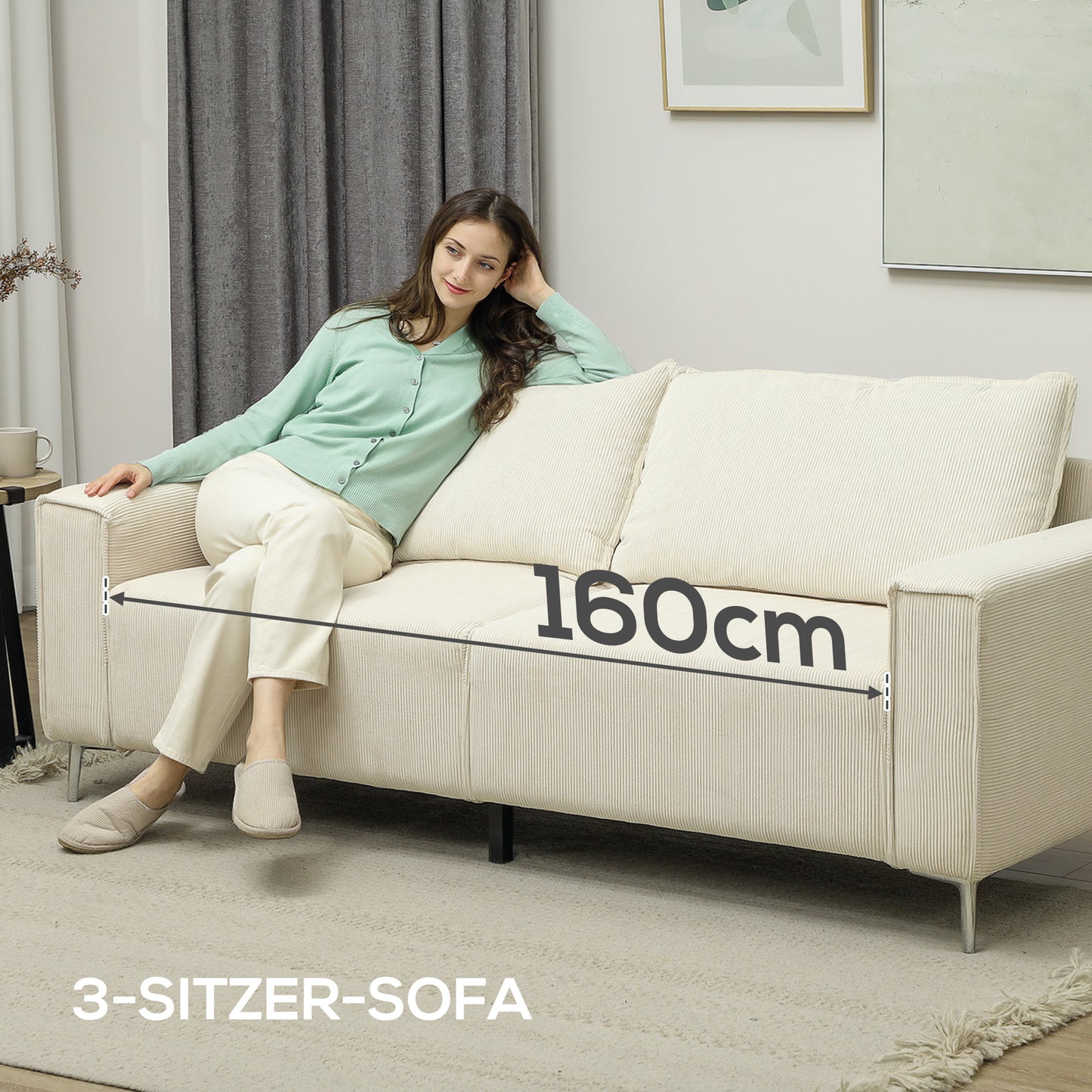 HOMCOM Modernes 3-Sitzer-Sofa, Weiche Couch mit Rückenkissen, Polstersofa für Wohnzimmer, Schlafzimmer, Homeoffice, Cremeweiß