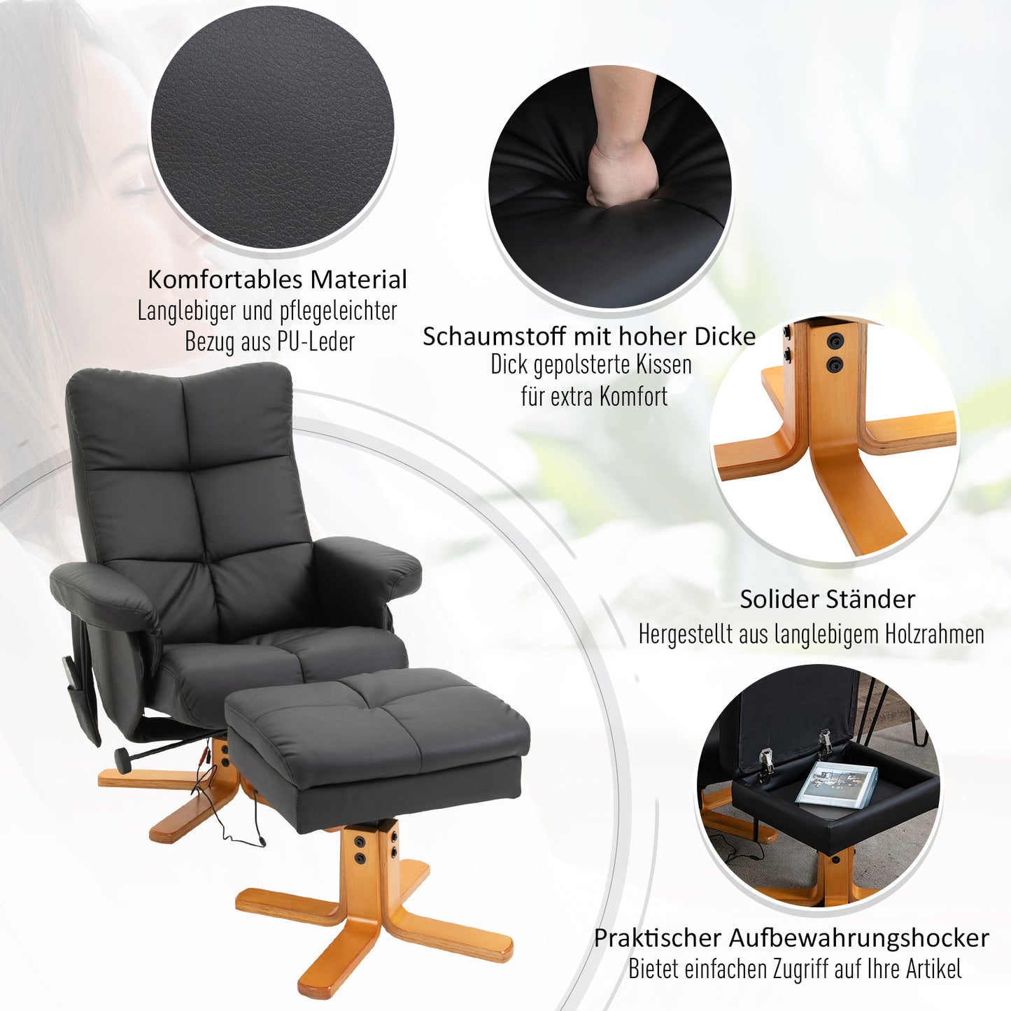 HOMCOM Massagesessel mit Hocker, 145° Neigbarer Relaxsessel mit Massagefunktion Liegefunktion Stauraum, TV-Sessel Fernsehsessel für Wohnzimmer, Kunstleder, 80 x 86 x 99 cm Schwarz
