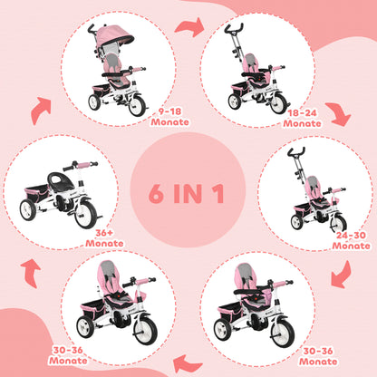 HOMCOM 6-in-1 Kinderdreirad mit Schiebestange, Dach, Gurt, Ablagekorb, für 1-5 Jahre, Rosa