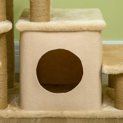 PawHut Haustiertreppe, Kratzbaum, 4 Stufen, Spielball, Häuschen, höhenverstellbar, 60 x 40 x 66 cm, Beige