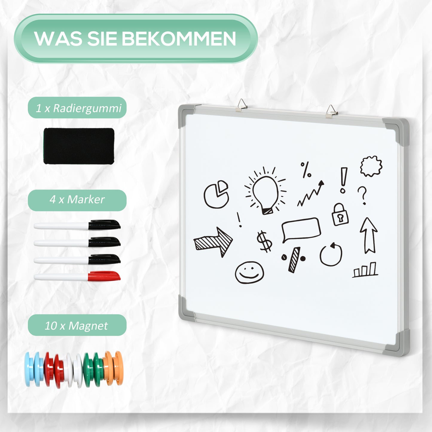 HOMCOM Whiteboard Magnettafel, leicht abwischbar, mit 4 Markern, 10 Magneten, 1 Radierer, 60 x 1,8 x 45cm