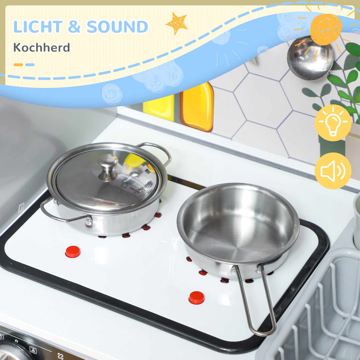 AIYAPLAY Spielküchen-Set mit Edelstahl-Geschirrset, Herd, Spüle mit Wasserkreislauf, Licht- & Soundeffekte, Weiß