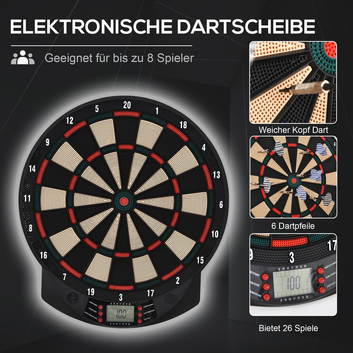 HOMCOM Elektronische Dartscheibe automatische Wertung Dartboard Dart-set mit 6 Darts 30 Dartköpfe 26 Spiele und 185 Trefferoptionen für 8 Spieler Soundeffekte Schwarz 44 x 39,5 x 2,2 cm