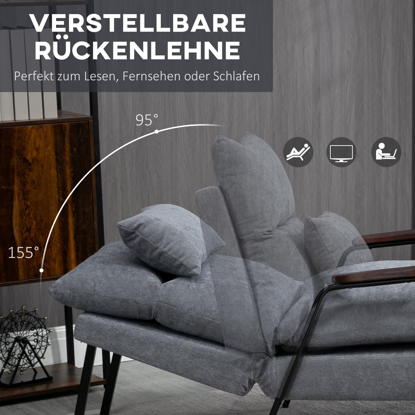 HOMCOM Sessel mit Ottomane Polstersessel Relaxsessel, inkl. Kissen, 68 cm x 91,5 cm x 88 cm, Hellgrau