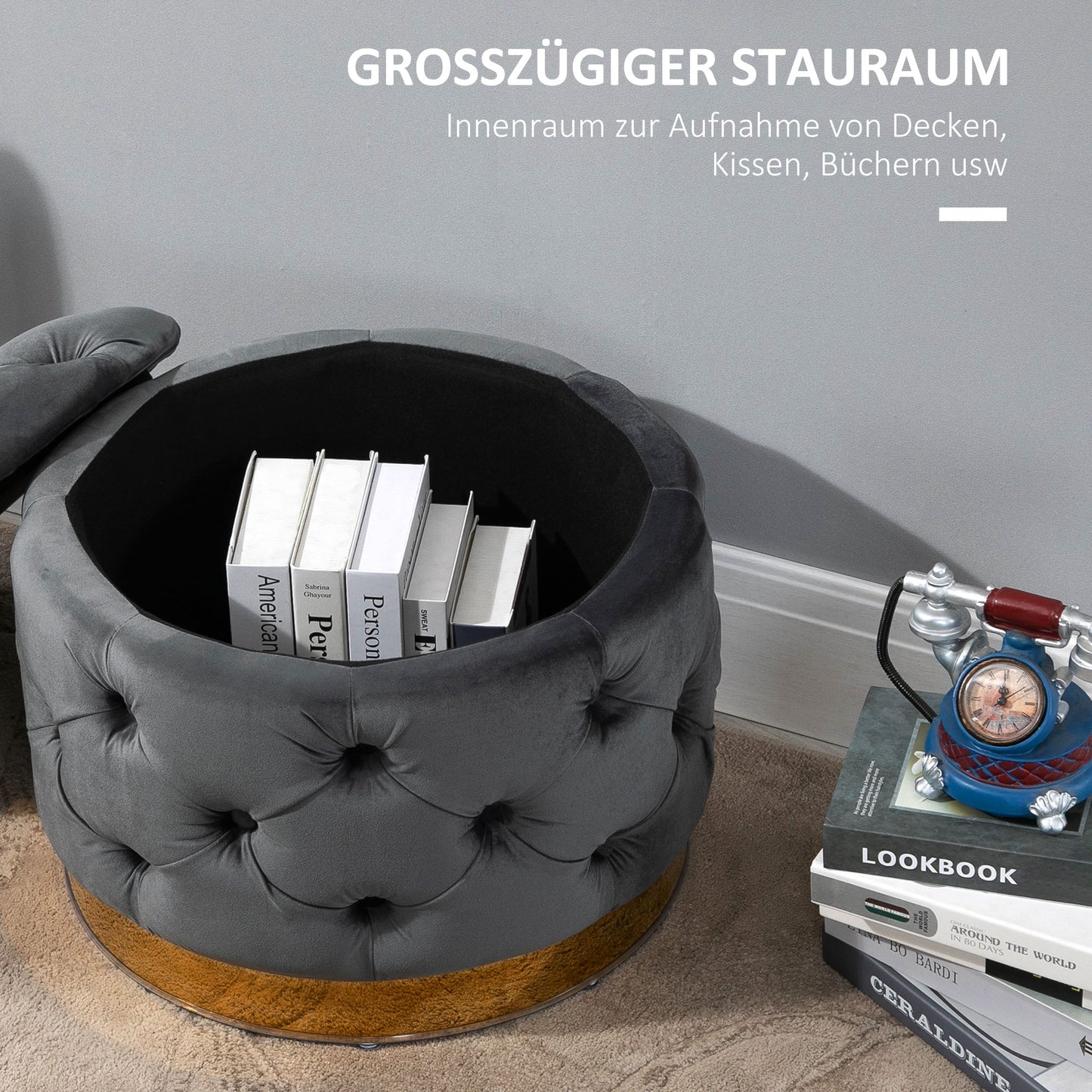 HOMCOM Vintage Hocker، Sitzhocker Truhenbank Fußbank Fußhocker mit Stauraum، Polsterhocker، Metall، Schaumstoff، Kohlegrau، 55 x 55 x 42 سم