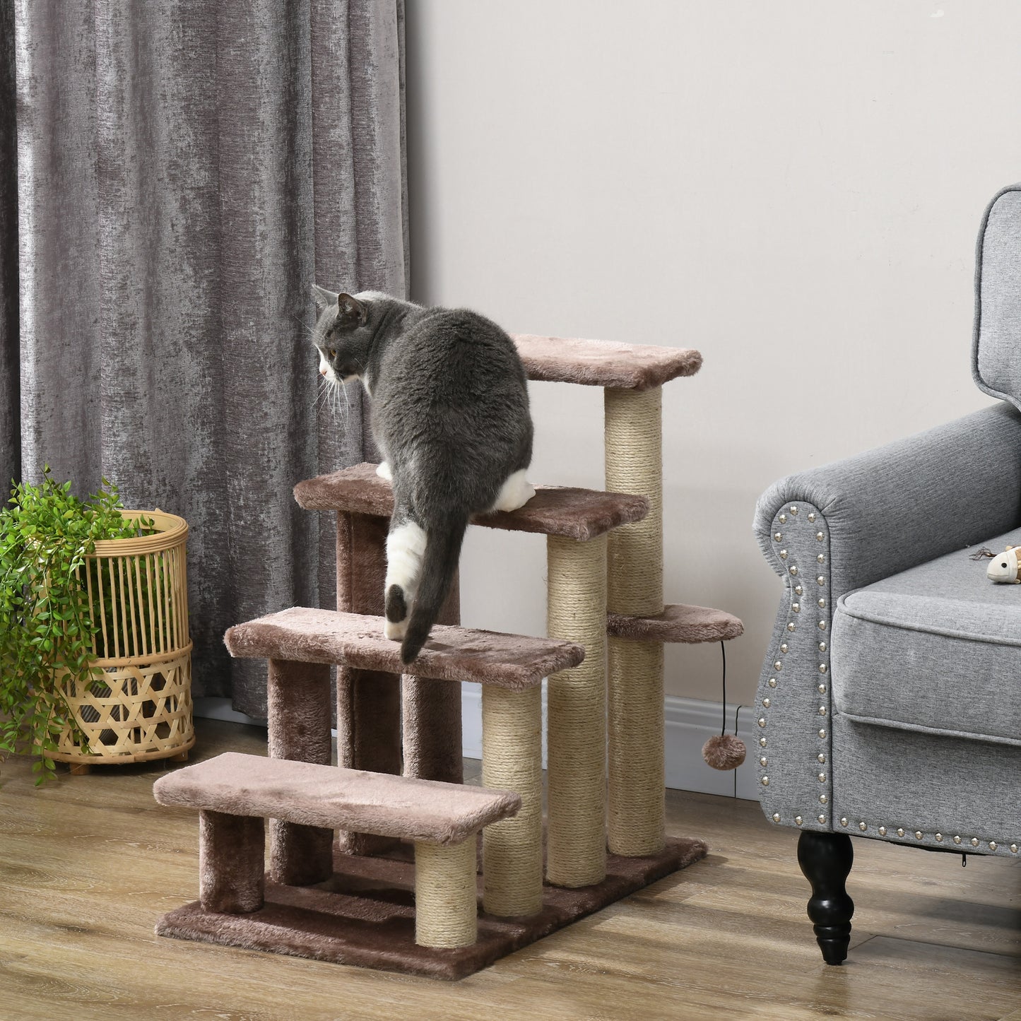PawHut Haustiertreppe, Kratzbaum, 4-stufig, für Tiere bis 5 kg, 60x40x64cm, Braun