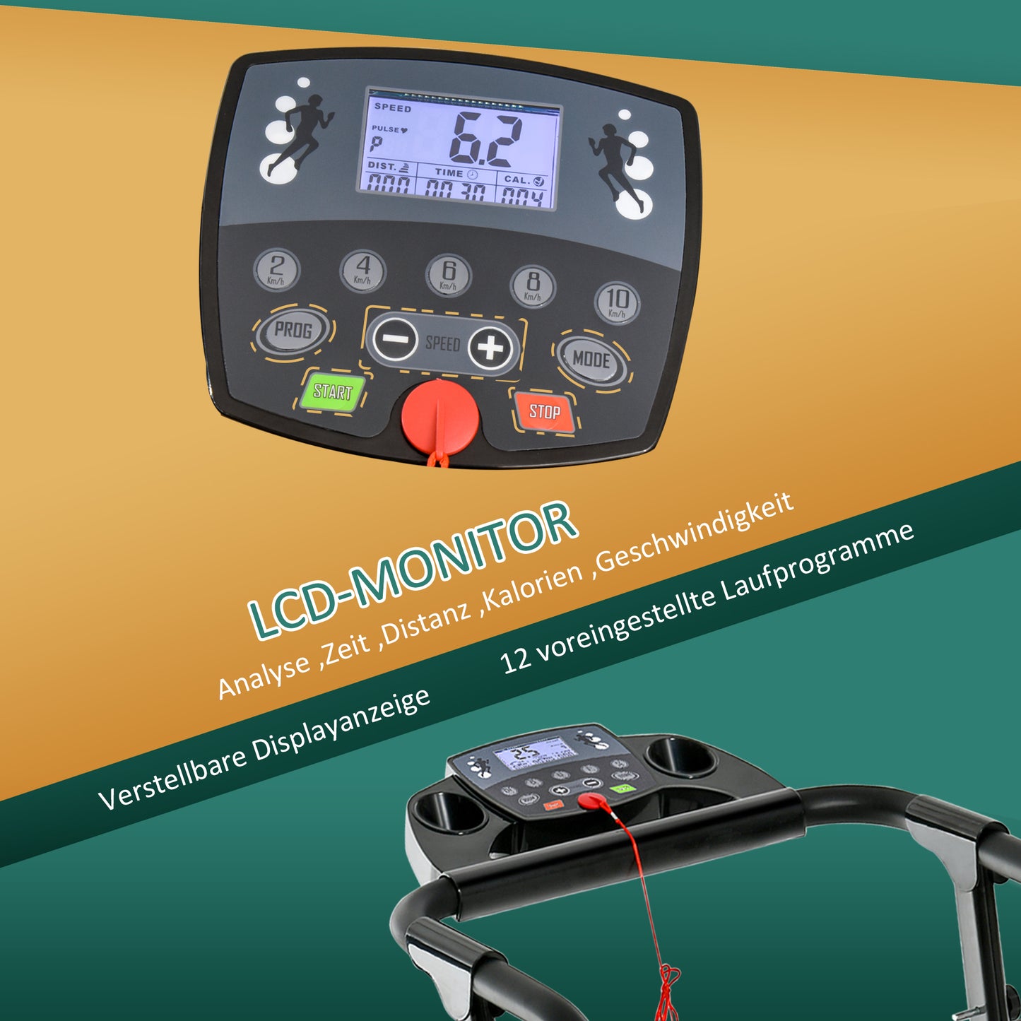 homcom Elektrisches Laufband, faltbar, mit LCD-Display, Geschwindigkeit 0,8-10km/h und 3 Programme, Leistung 500 W, 123 x 62 x 117 cm, Schwarz