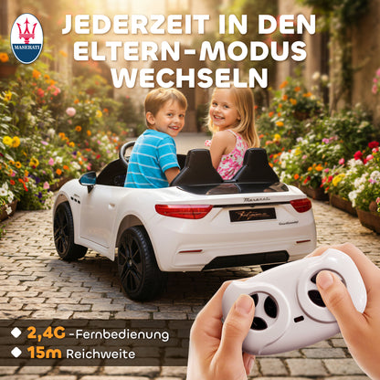 AIYAPLAY Maserati Elektroauto für Kinder, 2-Sitzer, 12V Batteriebetrieb, Fernbedienung, LED-Lichter, Musikfunktion, Weiß