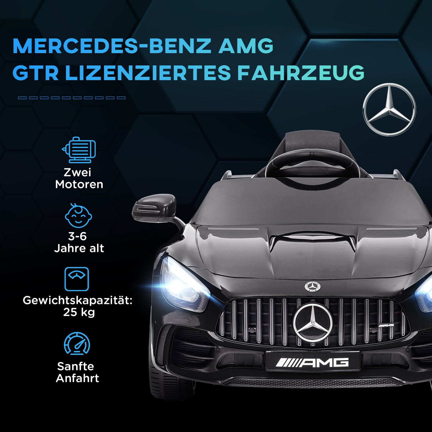 AIYAPLAY Elektro-Kinderauto, Mercedes, 3-5 km/h, Fernbedienung, Licht & Musik, Schwarz