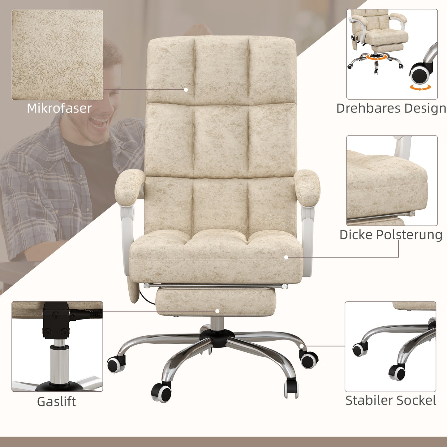 Vinsetto Bürostuhl mit Massage- & Wärmefunktion, Fußstütze, verstellbar, bis 120kg, Beige