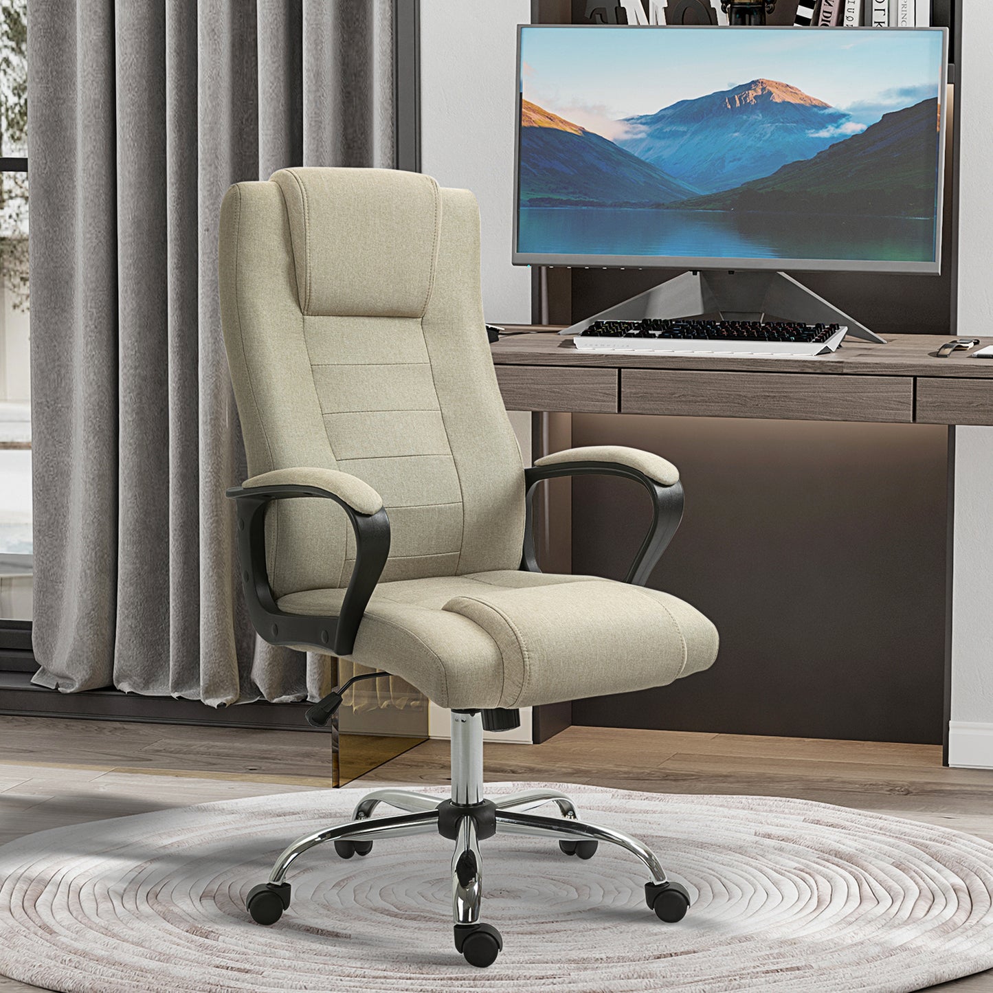 Vinsetto Bürostuhl in Leinenoptik, höhenverstellbar, Wippfunktion, 5 Rollen, Beige