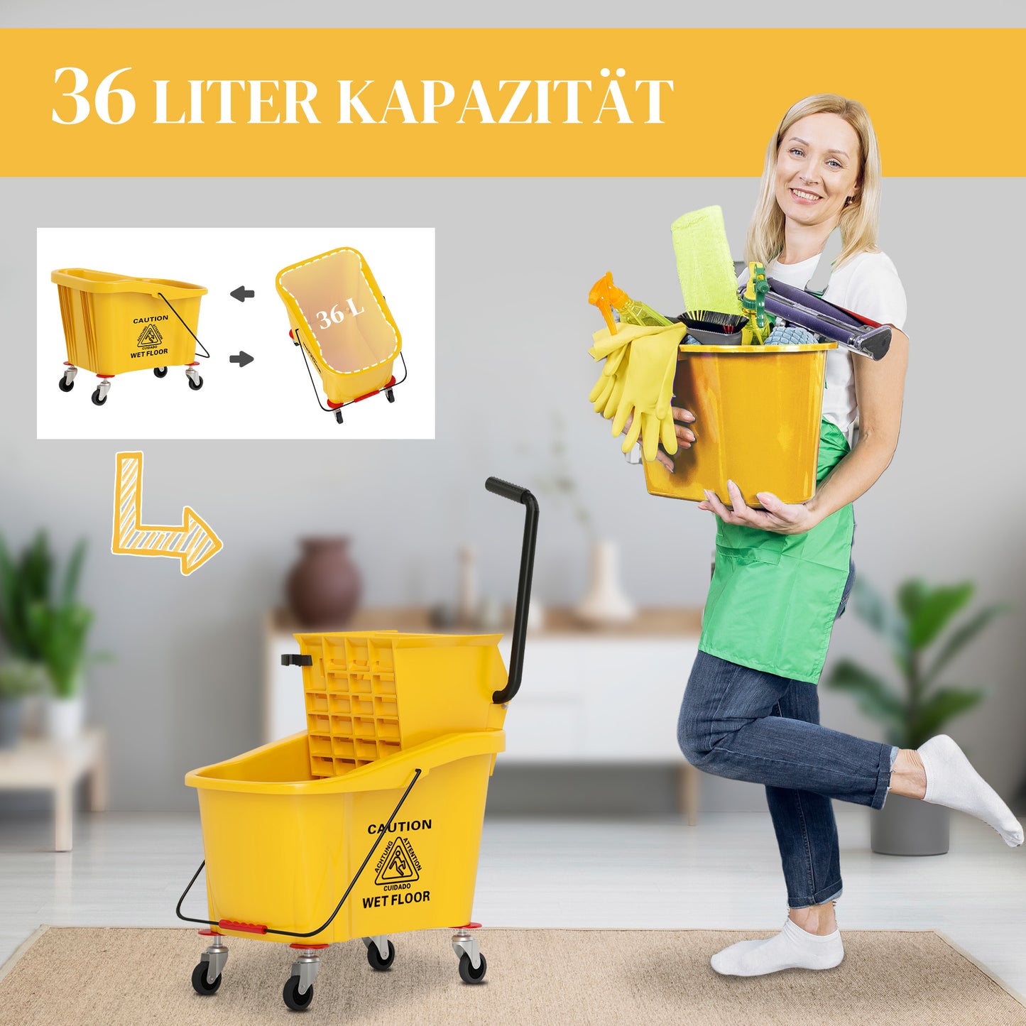 HOMCOM Wischeimer auf Rädern mit Mopp-Auswringer, Mopp-Halter, 36 Liter, Kunststoff, Gelb