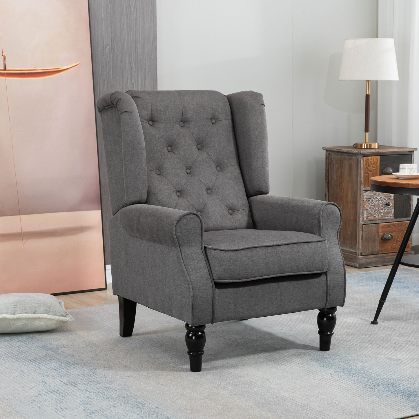 HOMCOM Ohrensessel im Vintage-Design, Lesesessel, Akzentsessel, Holzbeine, Knopfheftung, Grau + Schwarz