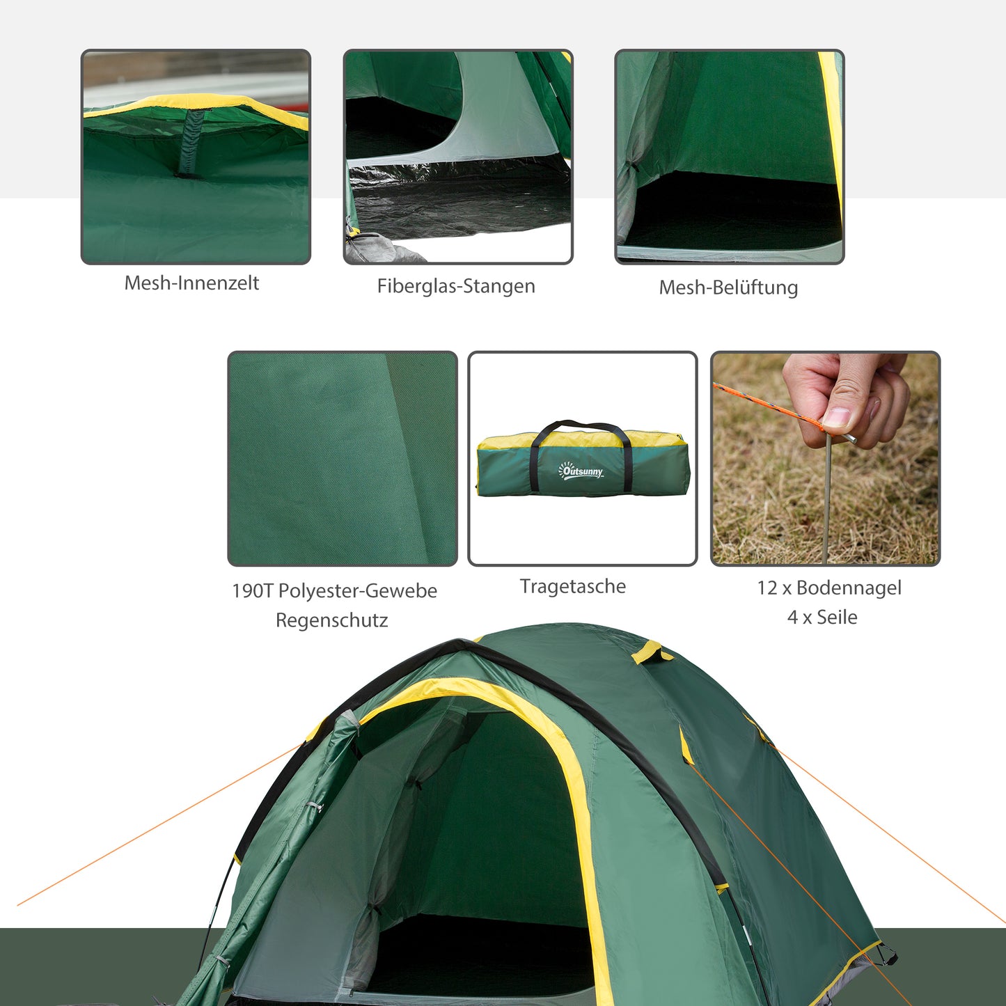 Outsunny Zelt für 2 Personen 190T Campingzelt mit Heringen Kuppelzelt Glasfaser Polyester Grün+Gelb 325 x 183 x 130 cm