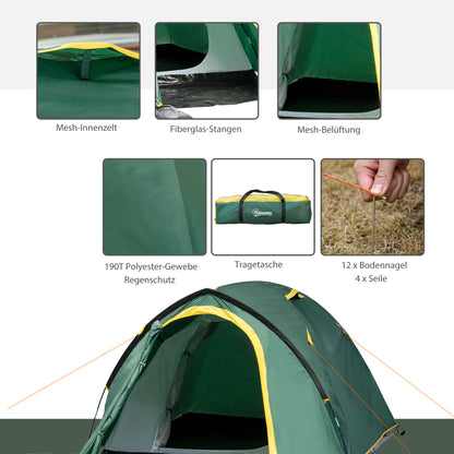 Outsunny Zelt für 2 Personen 190T Campingzelt mit Heringen Kuppelzelt Glasfaser Polyester Grün+Gelb 325 x 183 x 130 cm