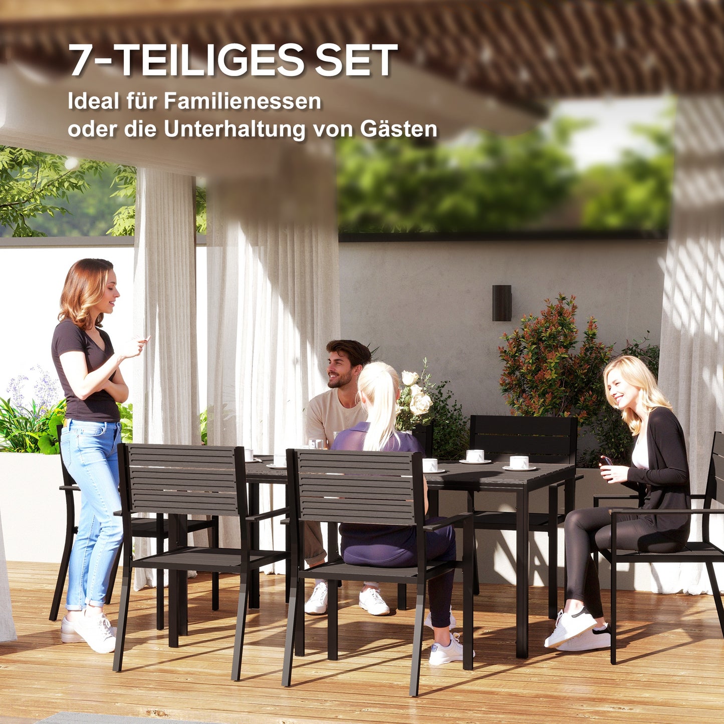 Outsunny Sitzgruppe 7-teilig Essgruppe für 6 Personen Esstisch mit 6 Stühlen geschlitzte Tisch Dunkelbraun