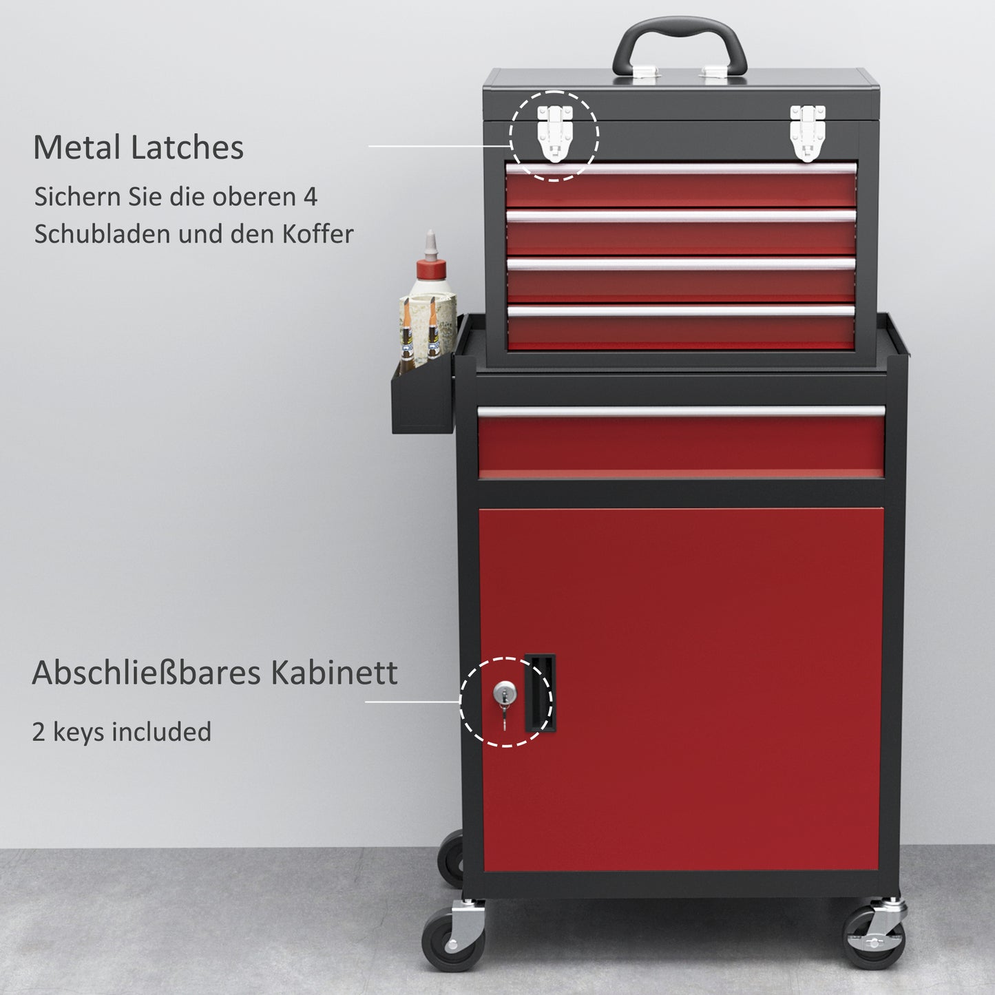 HOMCOM Rollbarer Werkzeugschrank, Stabiler Schrank mit oberer Werkzeugkiste und Schubladen, abschließbar, Metall, Schwarz+Rot
