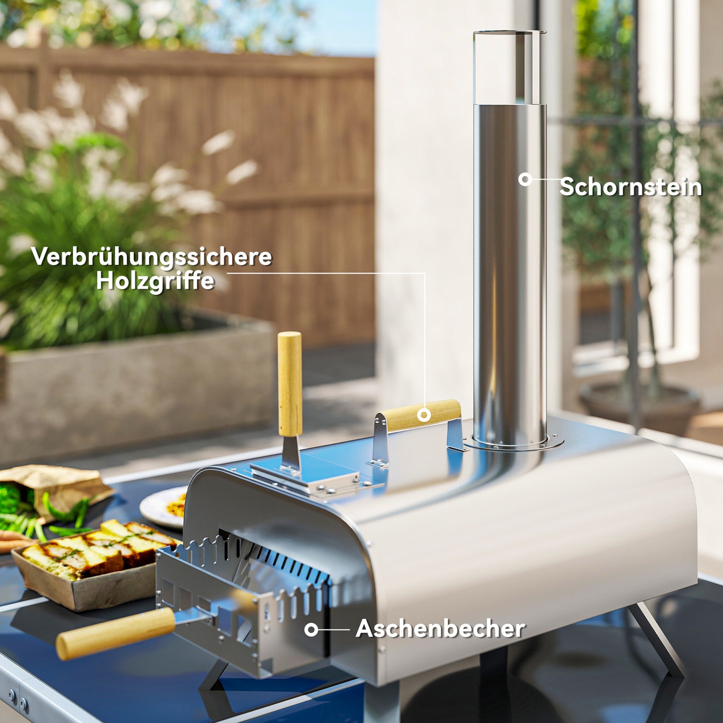 Outsunny Outdoor-Pizzaofen, Tragbarer Pizza-Ofen mit Pizzastein und Schaufel, klappbare Beine, Schornstein, Edelstahl