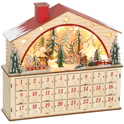 HOMCOM Adventskalender zum Befüllen 24 Schubladen Fächer Weihnachtskalender mit LED-Lichtern Naturholz 36 x 10 x 34 cm