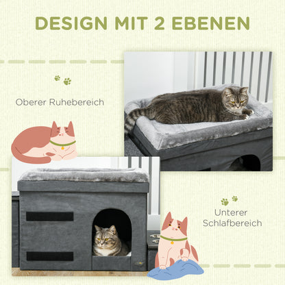 PawHut Katzenhaus Katzenhütte Katzenhöhle, 3 Haustiertreppen, 2 Fressnäpfe, 70 x 50 x 51, cm, Grau