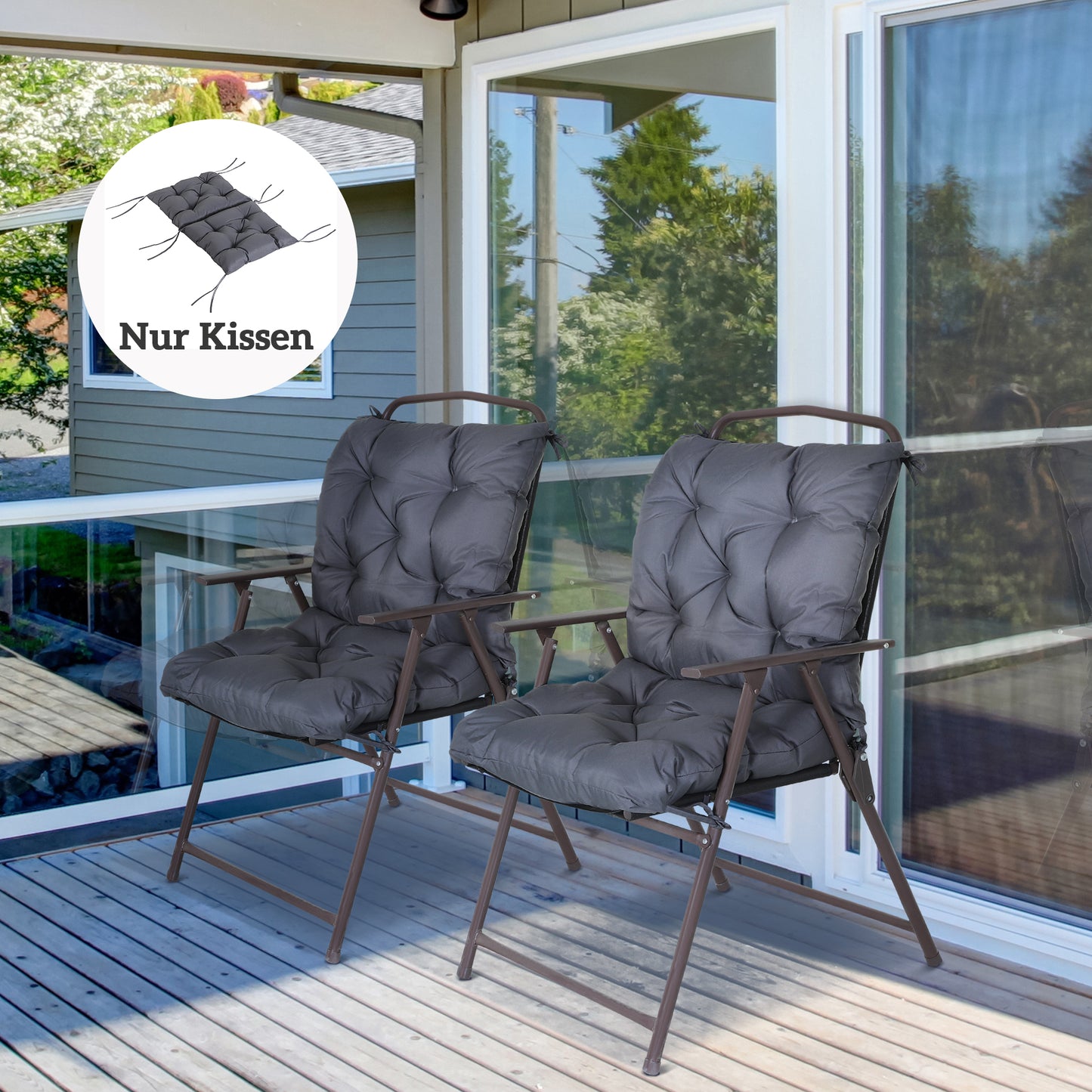 Outsunny 2er-Set Sitzkissen, 98cm x 50cm x 8cm Stuhlkissen mit Bänder, Polsterauflage, waschbar/Ergonomische Sitzpolster für Haus, Garten, Sofa, Grau