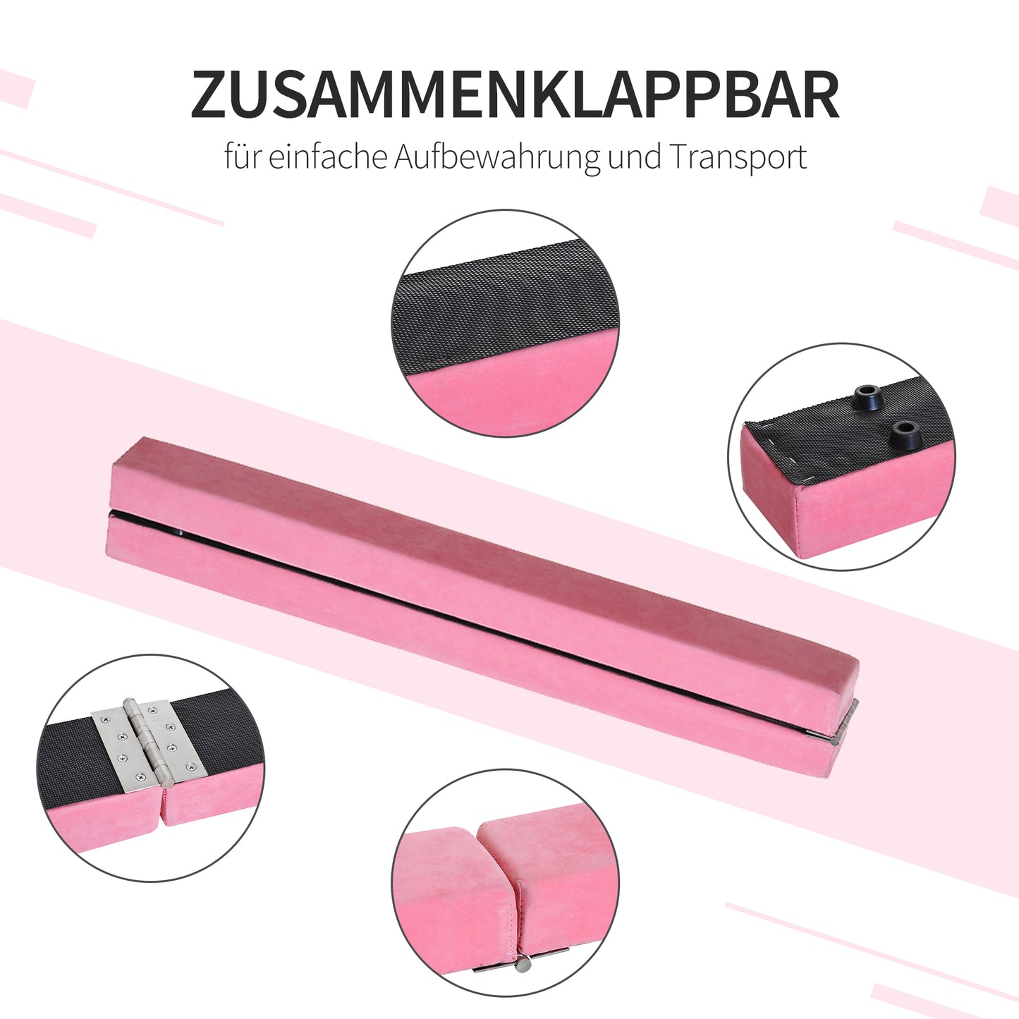 HOMCOM Faltbarer Schwebebalken, rutschfest, Wildlederbezug, robustes Holz, 210 x 10 x 6,5 cm, Rosa