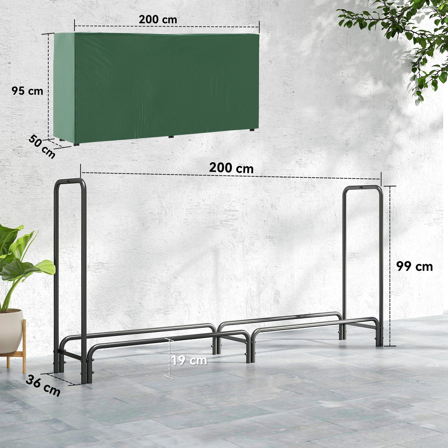 Outsunny Feuerholzgestell, 0,6 m³, mit Abdeckung, pulverbeschichteter Metall, bis 200 kg, Schwarz/Dunkelgrün