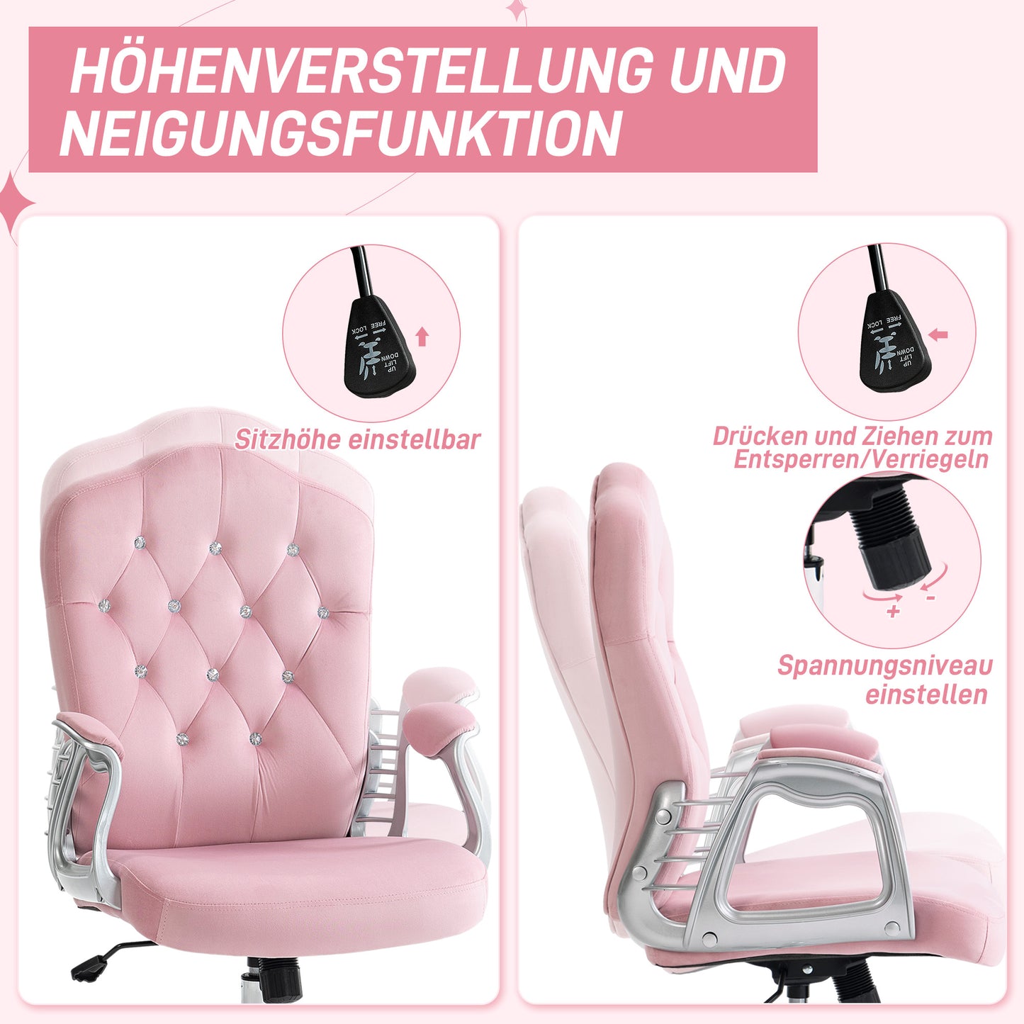 Vinsetto Bürostuhl, neigbare Lehne, höhenverstellbar, Samtoptik, bis 120 kg, Rosa