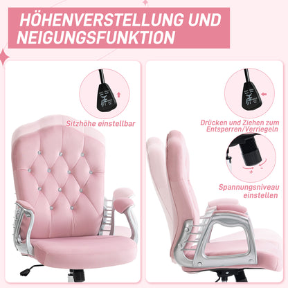 Vinsetto Bürostuhl, neigbare Lehne, höhenverstellbar, Samtoptik, bis 120 kg, Rosa