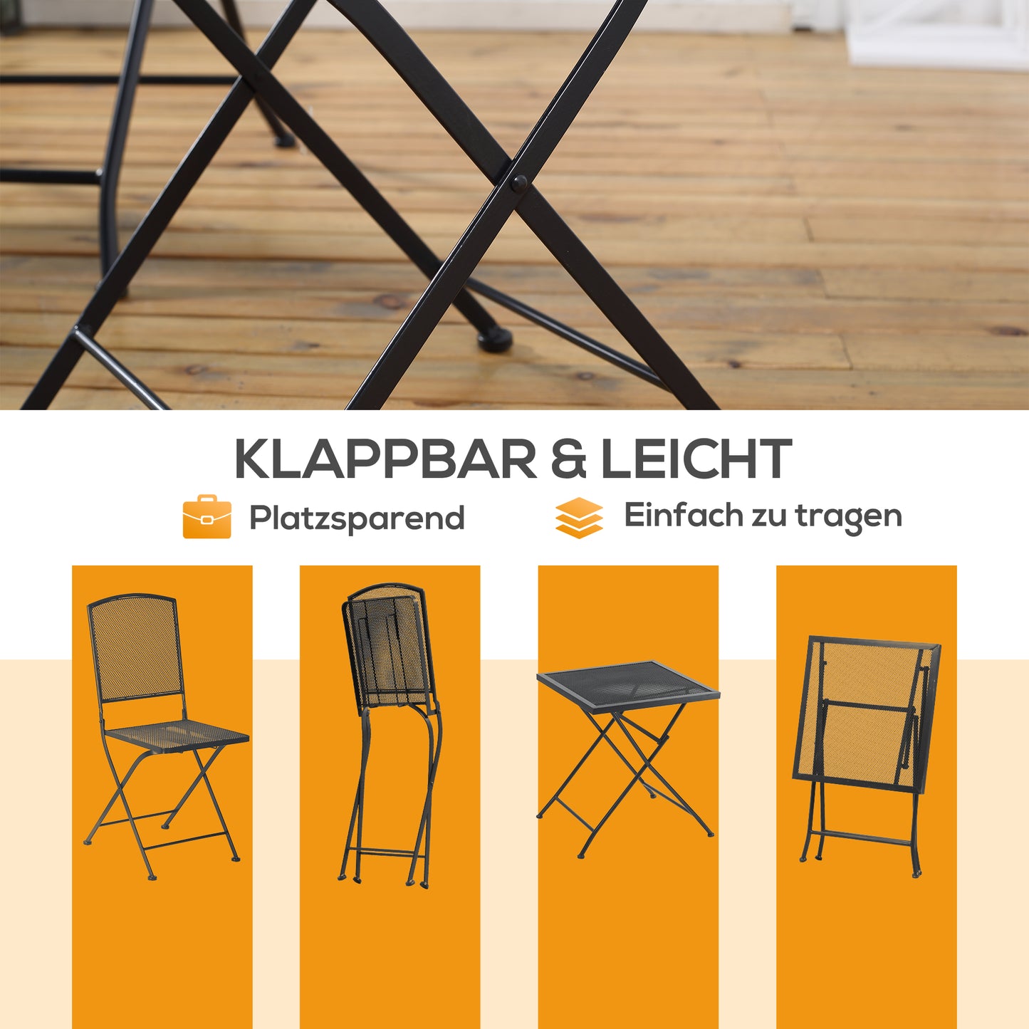 Outsunny Garten Sitzgruppe für 2 Personen Bistro-Set Garnitur 1 Tisch+2 faltbare Stühle für Terrasse Balkon Metall Grau