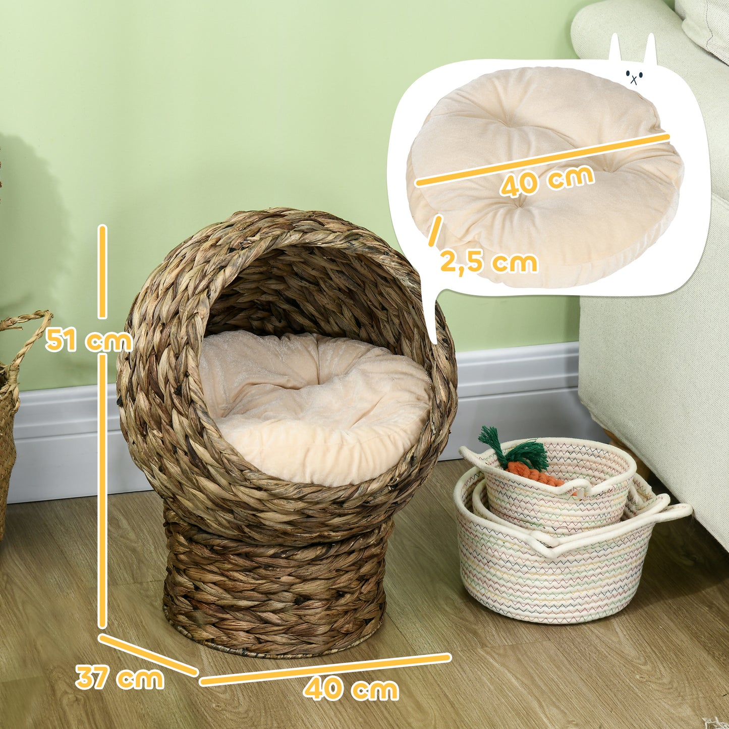 PawHut Rattan Katzenkorb Katzenhöhle Katzenhütte Katzenbett mit Kissen Haustierbett Wasserhyazinthe Kaffee 40 x 37 x 51 سم