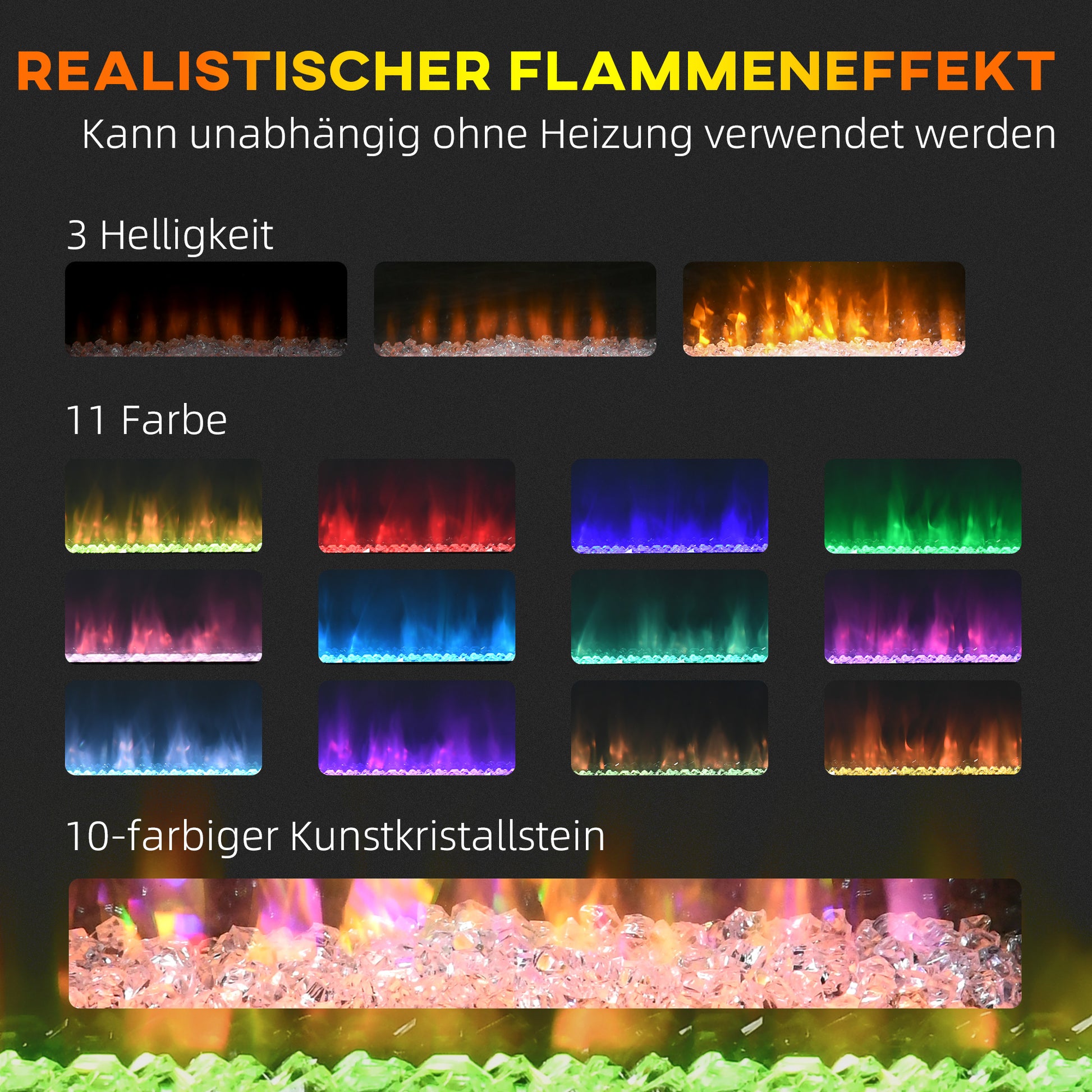 HOMCOM Elektrokamin, Wandkamin mit Heizung 2000 W, LED 3D-Flammeneffekt, Kristalle, in 11 Farben mit 3 Helligkeitsstufen, Elektrischer Kamin mit Fernbedienung, Timer, Wandmontage, Weiß