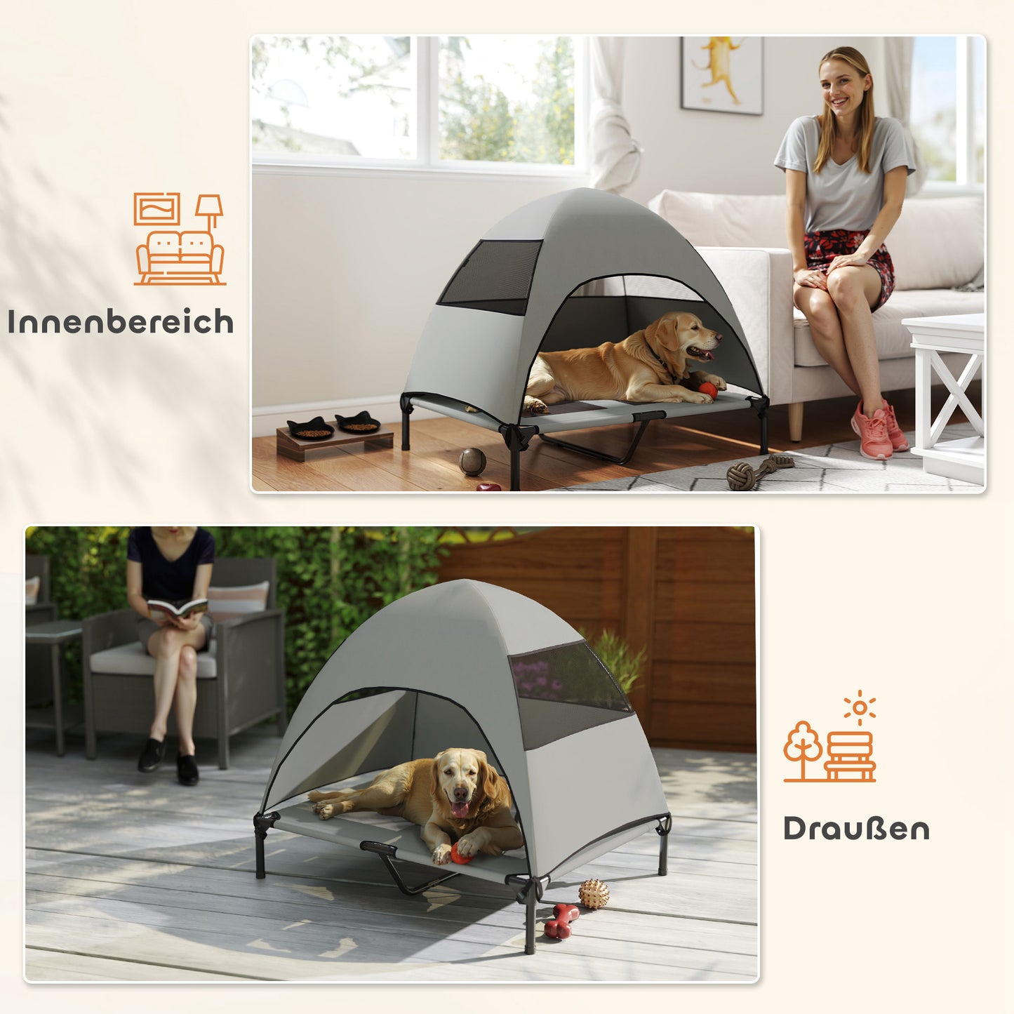 PawHut Hundeliege Outdoor mit Dach, Erhöhtes Hundebett für Große Hunde, 91 x 76 x 90 cm, Hellgrau