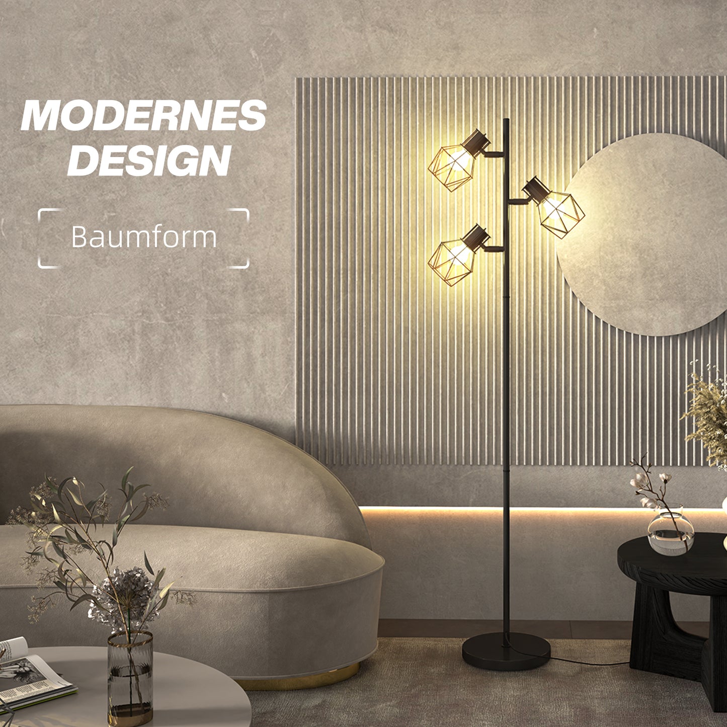 HOMCOM 3-Licht-Stehlampe mit flexiblen Leuchtelementen, baumähnliche Struktur, für Wohnzimmer und Schlafzimmer, Metall, Schwarz