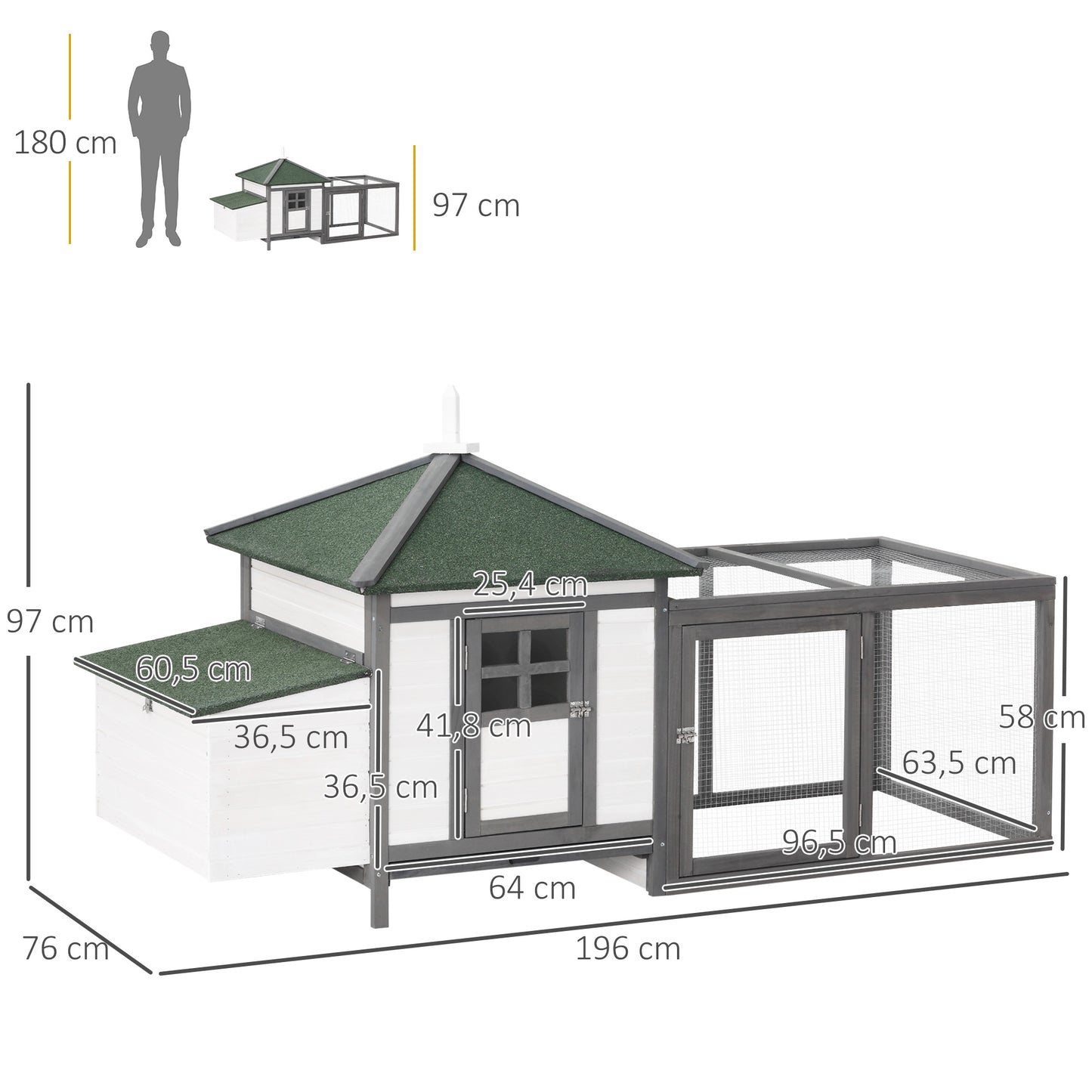 PawHut Hühnerstall für Zwerghühner 196 × 76 × 97 سم Hühnerhaus mit Nistkasten, Freilaufgehege Sitzstange, Kleintierstall aus Holz, Grau
