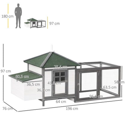 PawHut Hühnerstall für Zwerghühner 196 × 76 × 97 سم Hühnerhaus mit Nistkasten, Freilaufgehege Sitzstange, Kleintierstall aus Holz, Grau