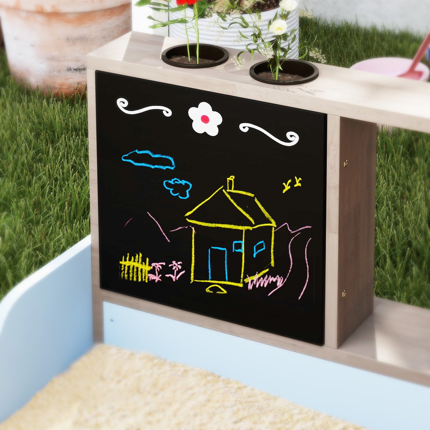 AIYAPLAY Sandkasten mit Vordach, Einkaufsladen-Design, Sitzbank, Zeichentafel, Tannenholz, 104H x 108L x 90B cm, Blau