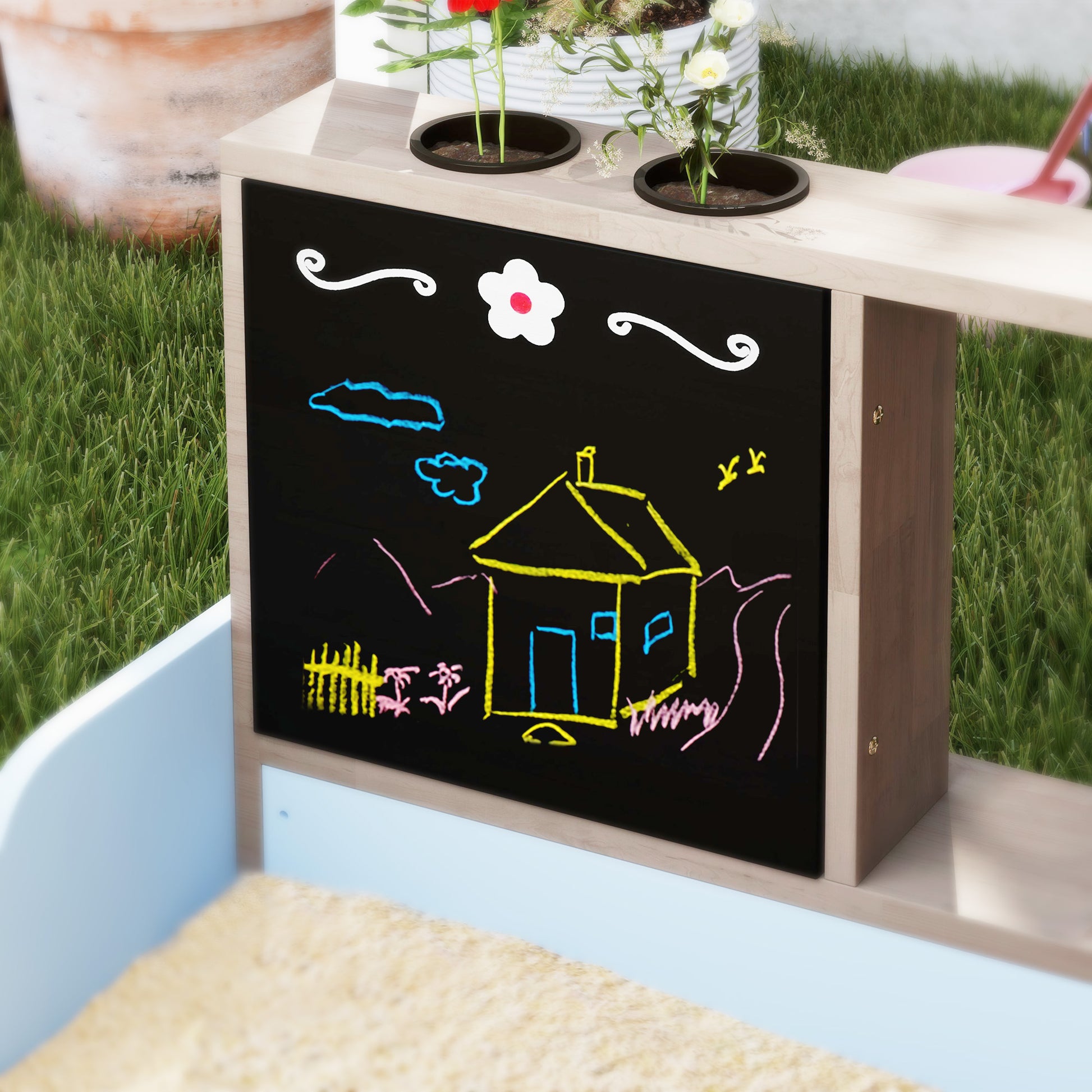 AIYAPLAY Sandkasten mit Vordach, Einkaufsladen-Design, Sitzbank, Zeichentafel, Tannenholz, 104H x 108L x 90B cm, Blau