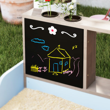 AIYAPLAY Sandkasten mit Vordach, Einkaufsladen-Design, Sitzbank, Zeichentafel, Tannenholz, 104H x 108L x 90B cm, Blau